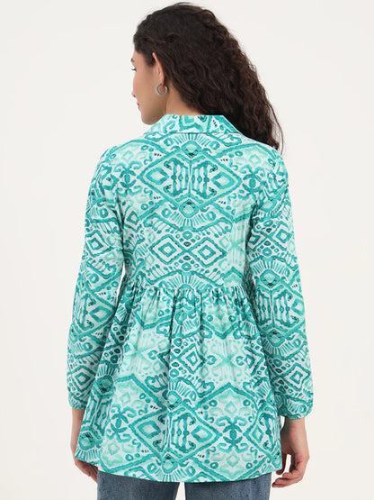 Teal Blue Ikat Print Cotton Tunic with Lapel Neck