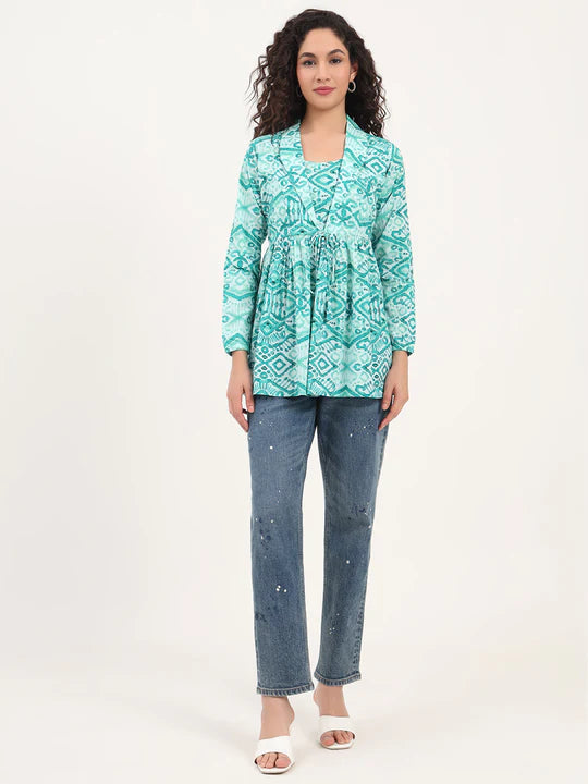 Teal Blue Ikat Print Cotton Tunic with Lapel Neck