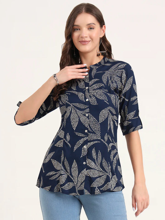 Women's Navy Blue White Leaf Dot Print Rayon Shirt Top (XS-7XL)