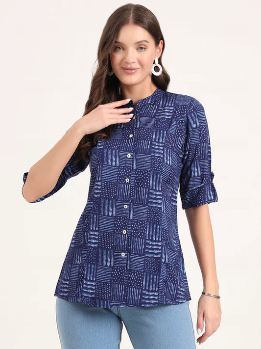 Women's Navy Blue Handblock Grid Print Rayon Shirt Top (XS-7XL)