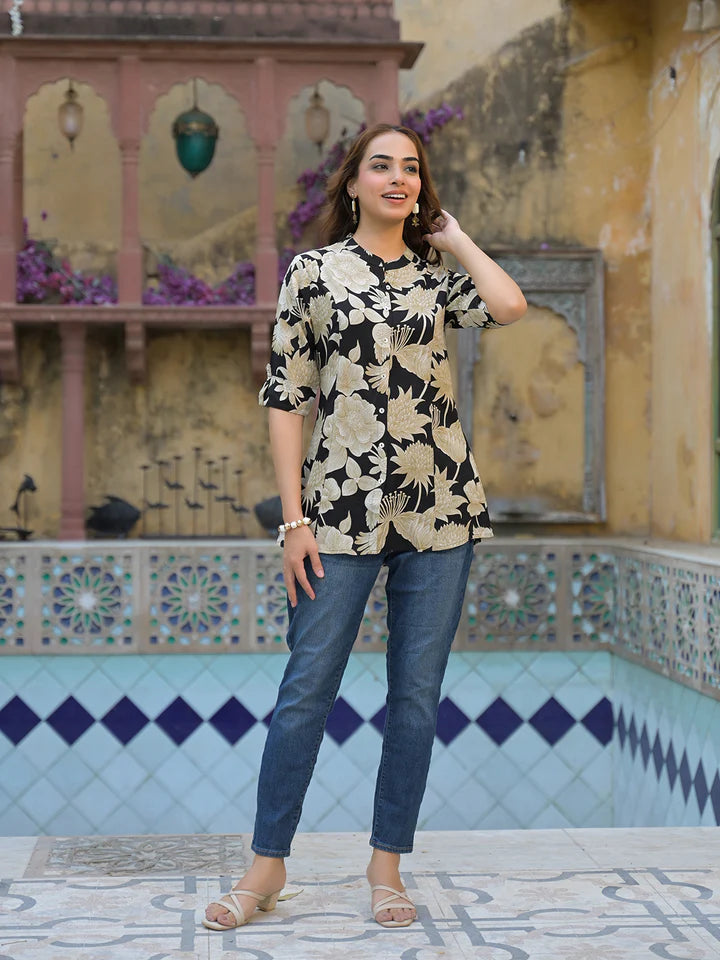 Effortlessly Elegant – Cutyful Black Floral A-Line Rayon Top