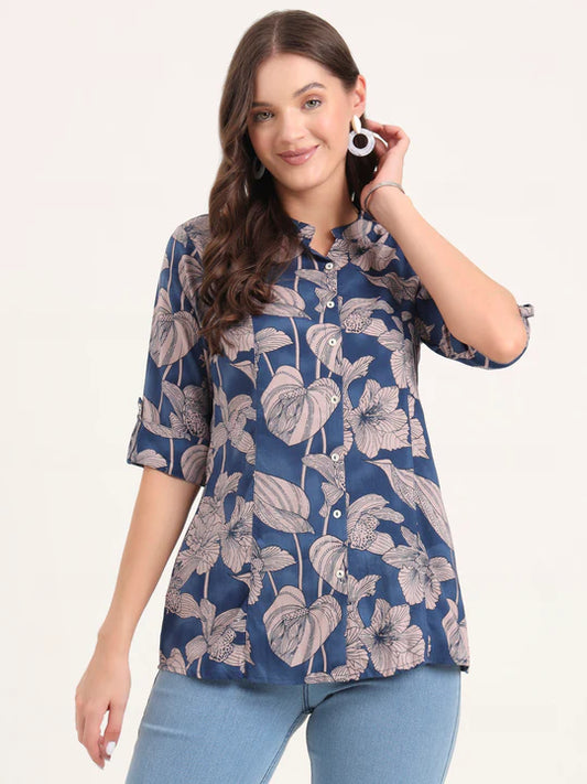Women's Navy Blue Floral Printed Rayon Shirt Top (XS-7XL)