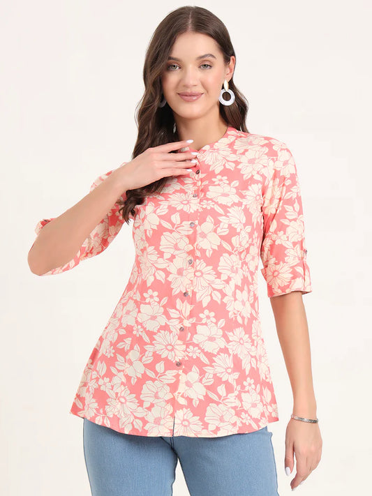 Women's Peach Pink Floral Printed Rayon Shirt Top (XS-7XL)