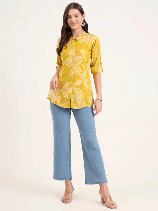 Women's Mustard Yellow Floral Printed Rayon Shirt Top (XS-7XL)