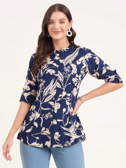 Women's Navy Blue Floral Printed Rayon Shirt Top (XS-7XL)
