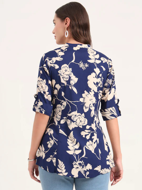 Women's Navy Blue Floral Printed Rayon Shirt Top (XS-7XL)