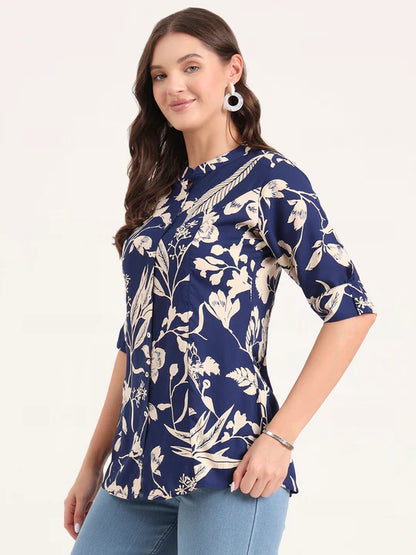 Women's Navy Blue Floral Printed Rayon Shirt Top (XS-7XL)