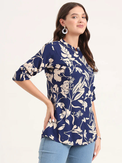 Women's Navy Blue Floral Printed Rayon Shirt Top (XS-7XL)