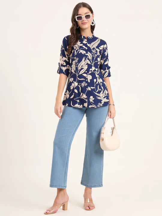 Women's Navy Blue Floral Printed Rayon Shirt Top (XS-7XL)