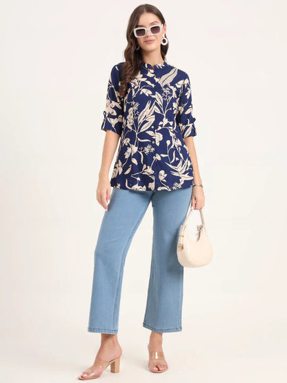 Women's Navy Blue Floral Printed Rayon Shirt Top (XS-7XL)