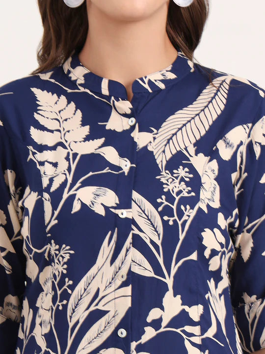 Women's Navy Blue Floral Printed Rayon Shirt Top (XS-7XL)