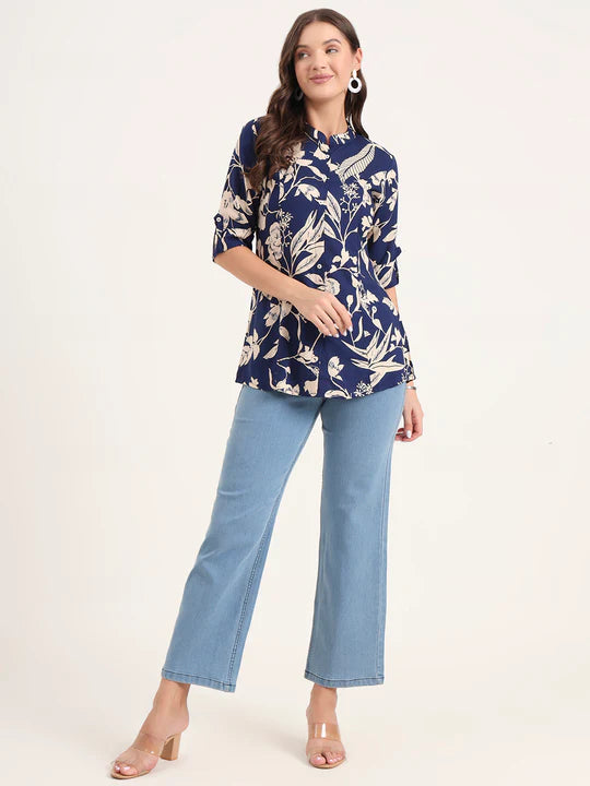 Women's Navy Blue Floral Printed Rayon Shirt Top (XS-7XL)
