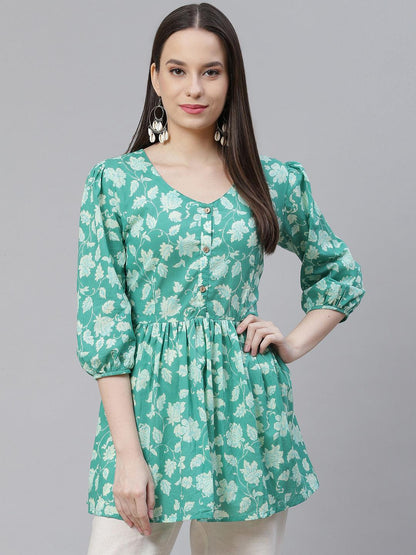 Sea Green Floral Printed Cotton Peplum Top for Women