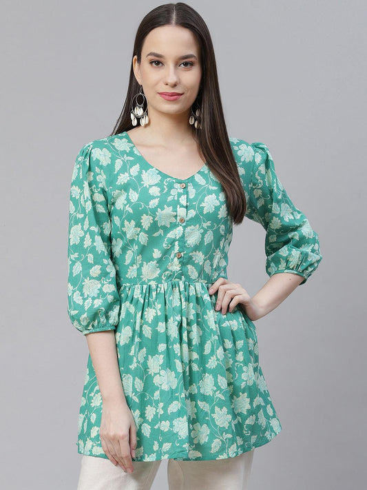 Sea Green Floral Printed Cotton Peplum Top for Women