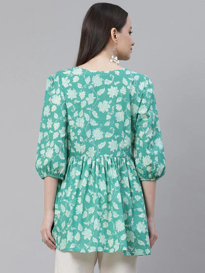 Sea Green Floral Printed Cotton Peplum Top for Women