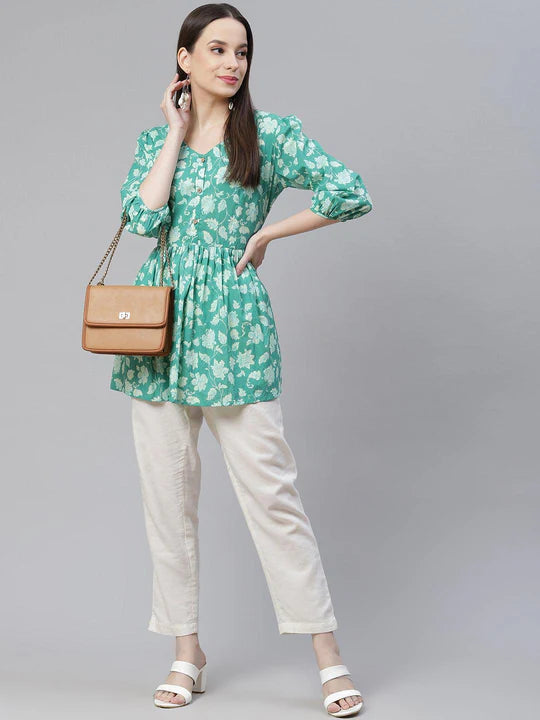 Sea Green Floral Printed Cotton Peplum Top for Women