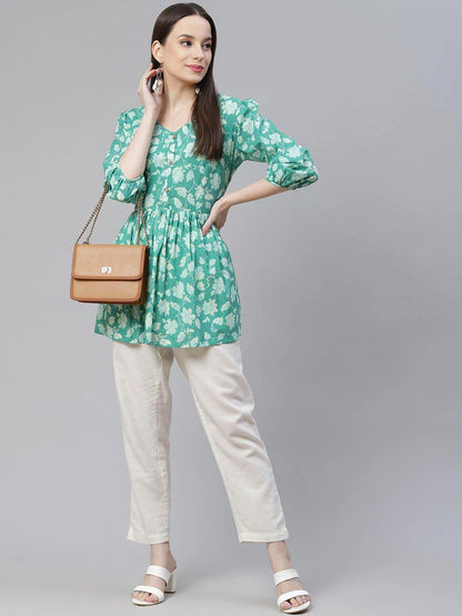 Sea Green Floral Printed Cotton Peplum Top for Women