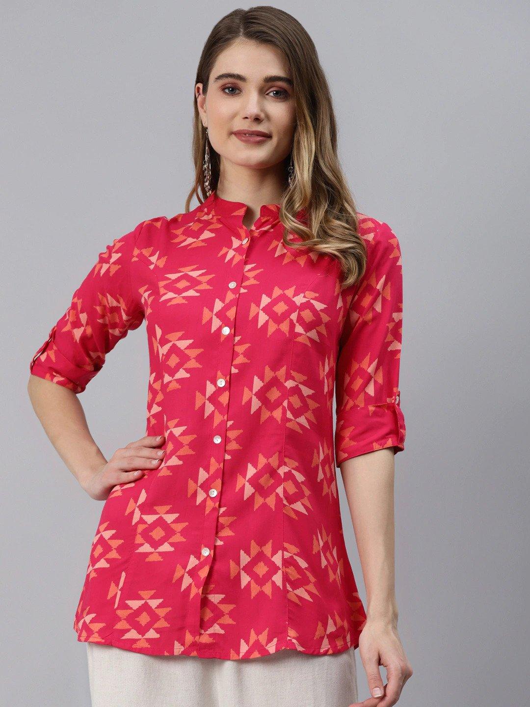 Women's Geometric Printed Pink Rayon Shirt Top (XS-7XL)