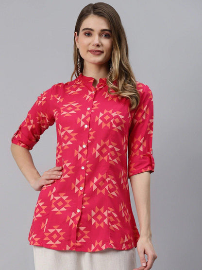 Women's Geometric Printed Pink Rayon Shirt Top (XS-7XL)