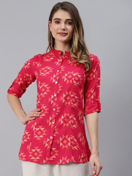 Women's Geometric Printed Pink Rayon Shirt Top (XS-7XL)