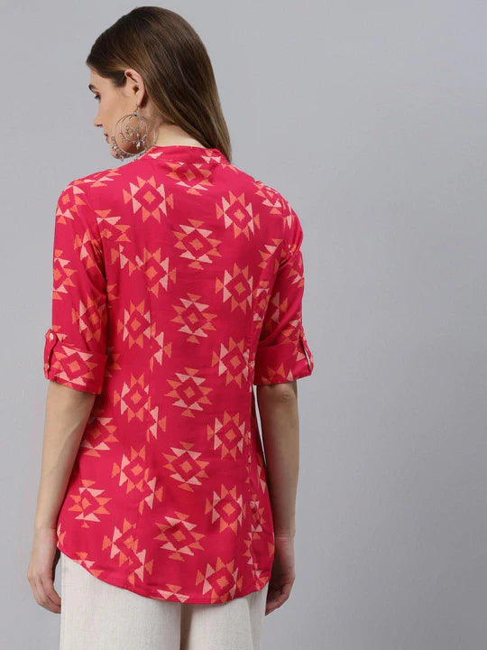 Women's Geometric Printed Pink Rayon Shirt Top (XS-7XL)