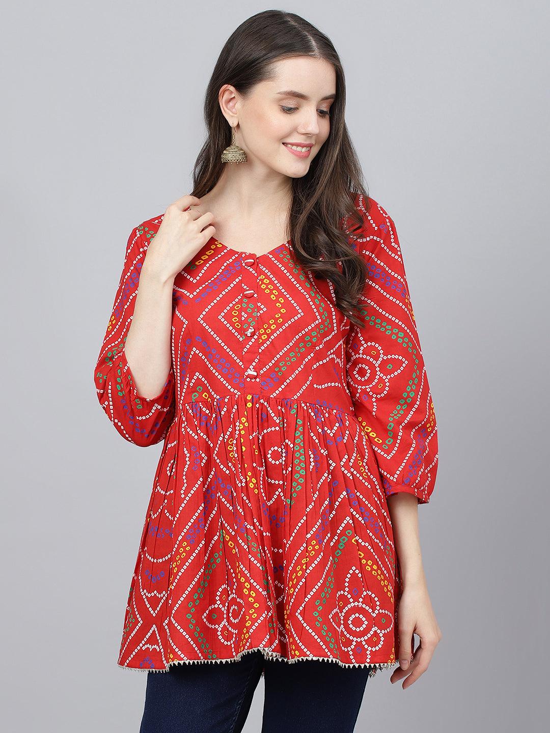 Women's Red Bandhani Printed Fit & Flare Cotton Top