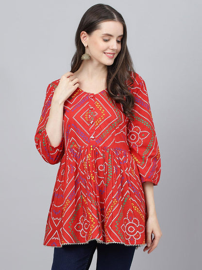 Women's Red Bandhani Printed Fit & Flare Cotton Top