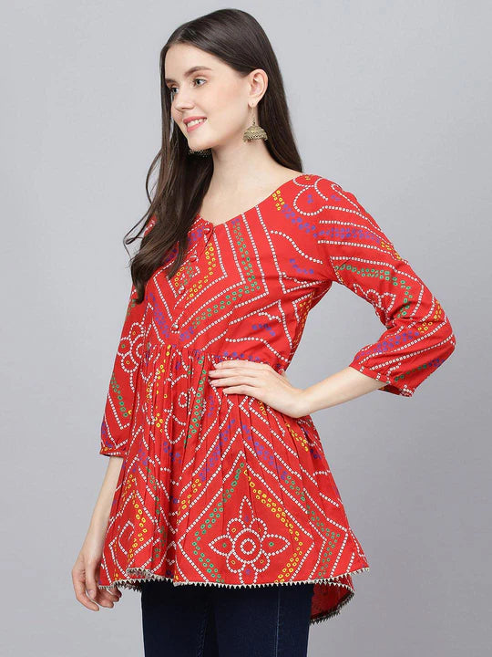 Women's Red Bandhani Printed Fit & Flare Cotton Top