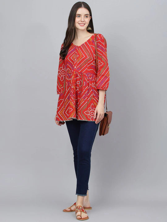 Women's Red Bandhani Printed Fit & Flare Cotton Top