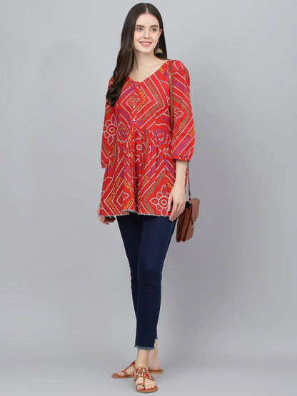 Women's Red Bandhani Printed Fit & Flare Cotton Top