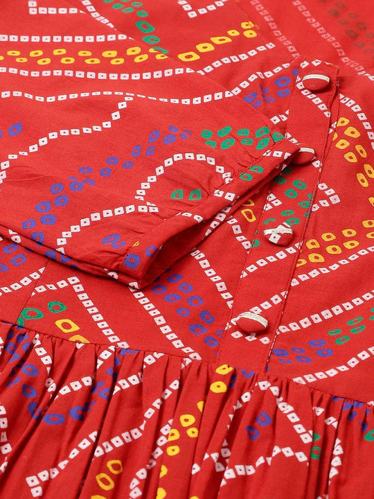 Women's Red Bandhani Printed Fit & Flare Cotton Top