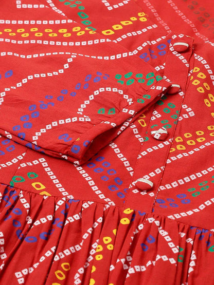 Women's Red Bandhani Printed Fit & Flare Cotton Top
