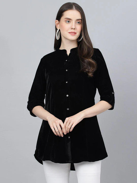 Women's Black Solid Velvet A-Line Shirt Top