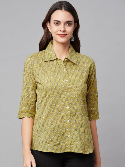 Women's Olive Green Floral Printed Cotton Shirt Top