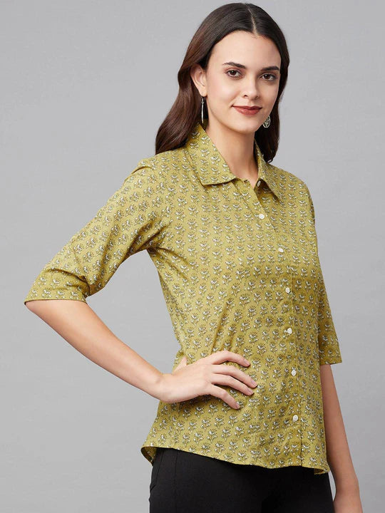 Women's Olive Green Floral Printed Cotton Shirt Top