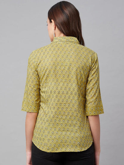 Women's Olive Green Floral Printed Cotton Shirt Top