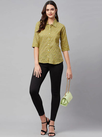 Women's Olive Green Floral Printed Cotton Shirt Top