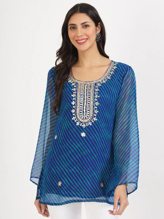 Women's Blue-Green Striped Embroidered Georgette Tunic Top (S-7XL)