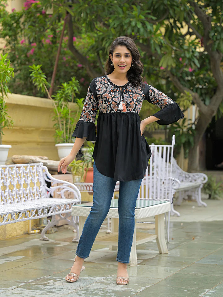 Black Embroidary Rayon Curved Hemline Top