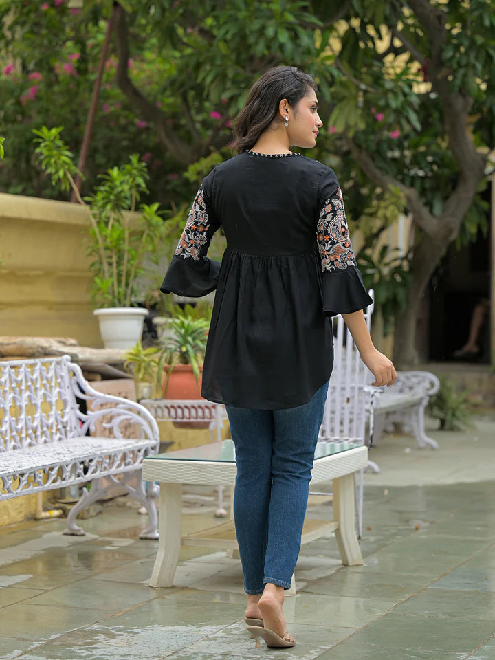 Black Embroidary Rayon Curved Hemline Top
