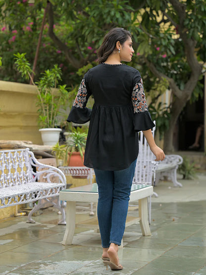 Black Embroidary Rayon Curved Hemline Top