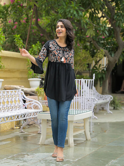 Black Embroidary Rayon Curved Hemline Top