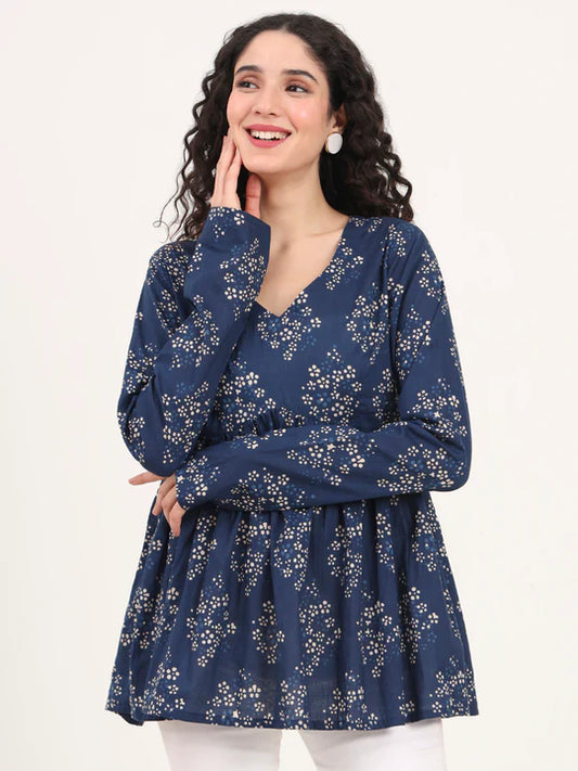 Navy Blue Cotton Top with All-Over Floral Print & Flared Fit
