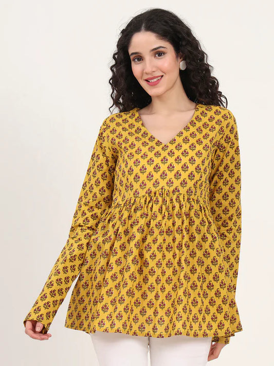 Yellow Cotton Floral Printed Empire Top with Full Sleeves