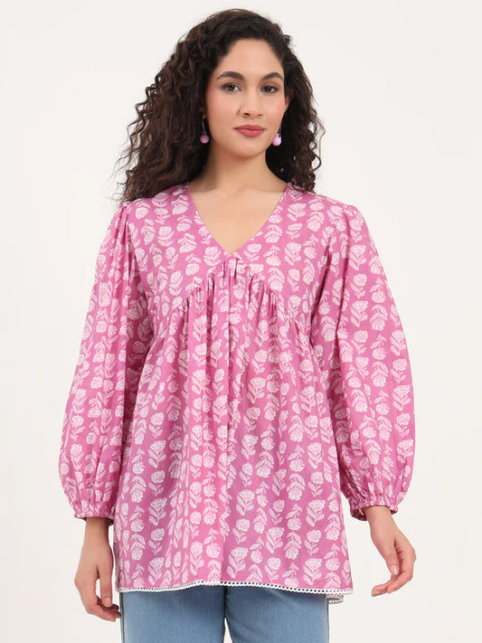 Pink Cotton Floral Printed Empire Top with Full Sleeves