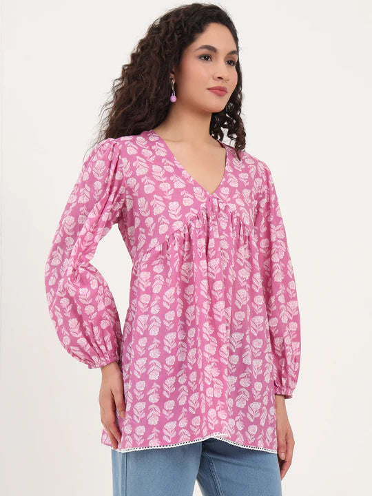 Pink Cotton Floral Printed Empire Top with Full Sleeves