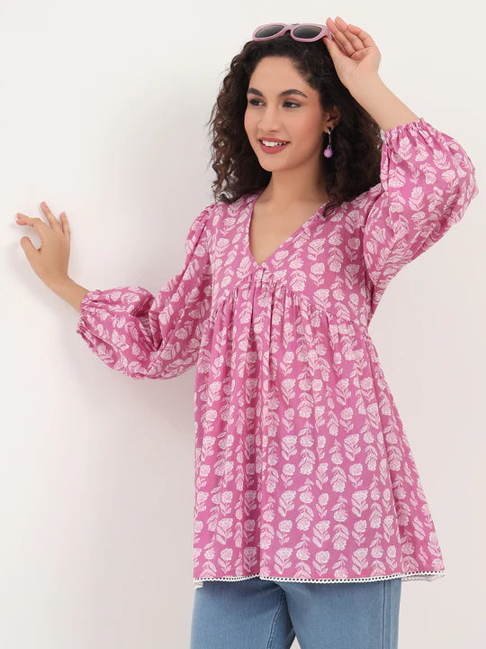 Pink Cotton Floral Printed Empire Top with Full Sleeves