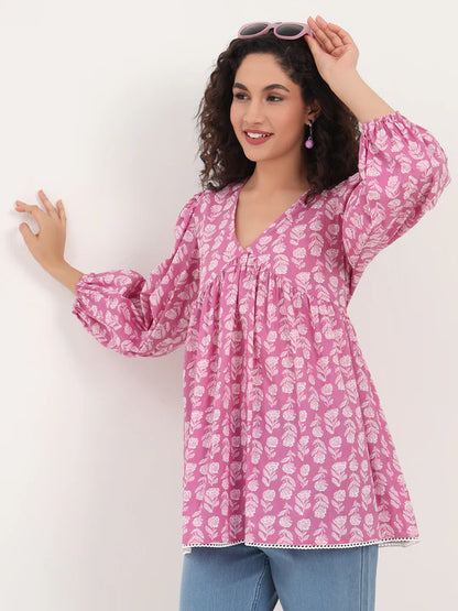 Pink Cotton Floral Printed Empire Top with Full Sleeves