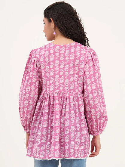 Pink Cotton Floral Printed Empire Top with Full Sleeves