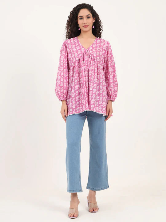 Pink Cotton Floral Printed Empire Top with Full Sleeves
